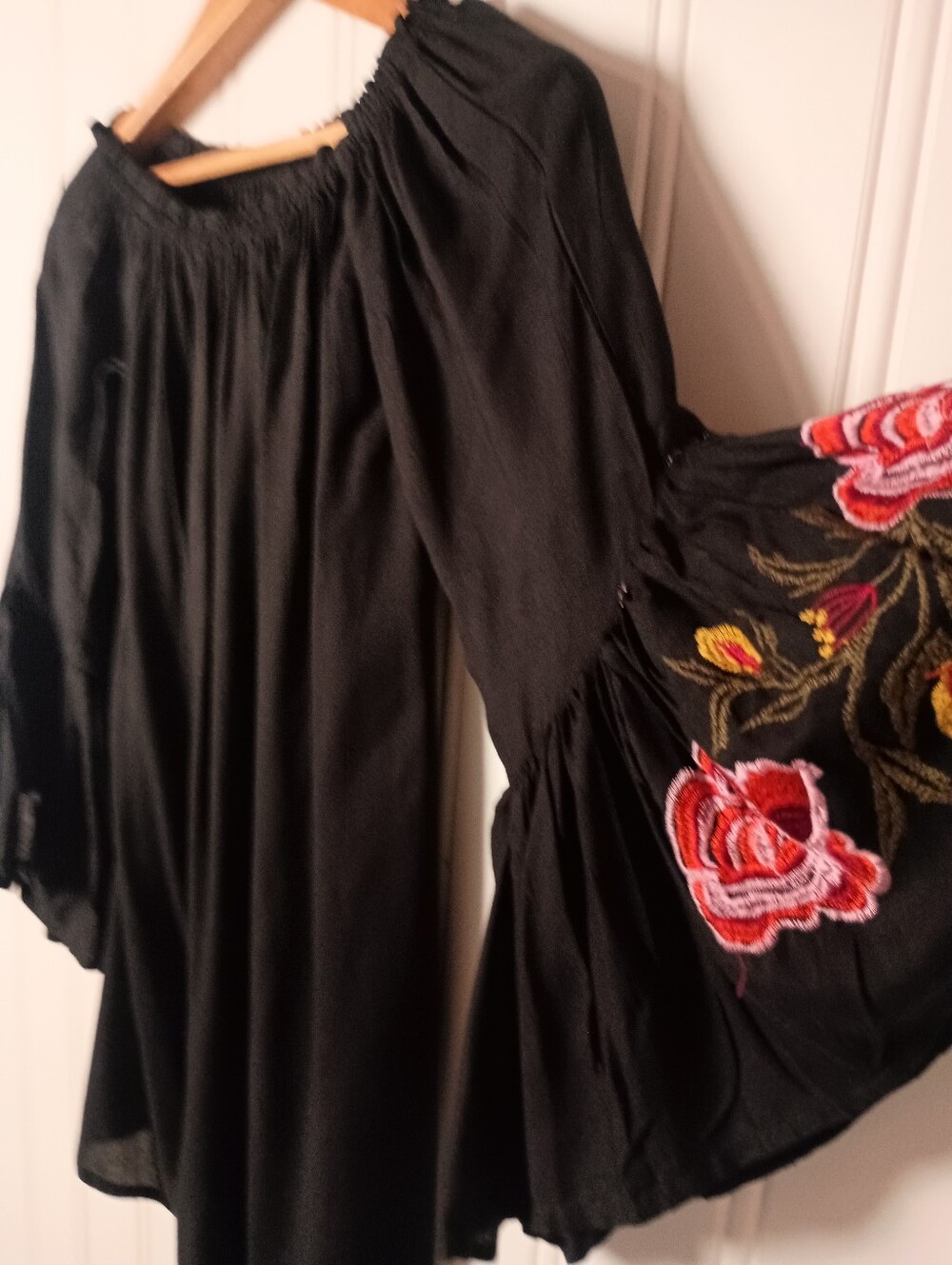 Feathers- Black Off-Shoulder Dress with Floral Embroidered Bell Sleeves- Size S